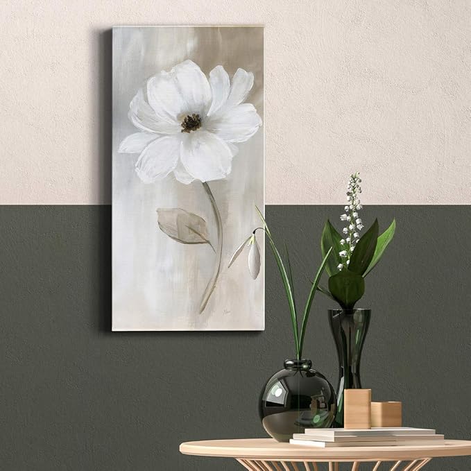 Renditions Gallery Canvas Floral Wall Art Modern Decorations Paintings Elegant White Rose Romantic Botanical Canvas Glam Wall Hanging Artwork for Bedroom Office Kitchen - 8"x16" LT43