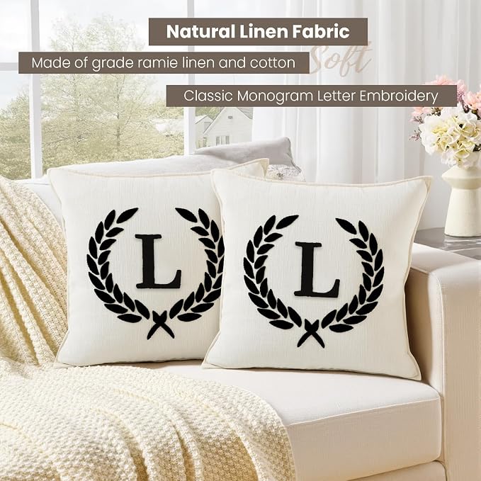 Pack of 2 Chenille Initials Pillowcases 20x20 inch Cream White