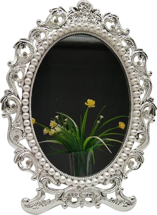 Vintage Vanity Makeup Mirror for Desk - Antique Small Table Decor, Silver | Art Nouveau Decorative with Stand, Frame for Tabletop Office Bedroom Furniture Room Bathroom Home Wall Dresser Accessories