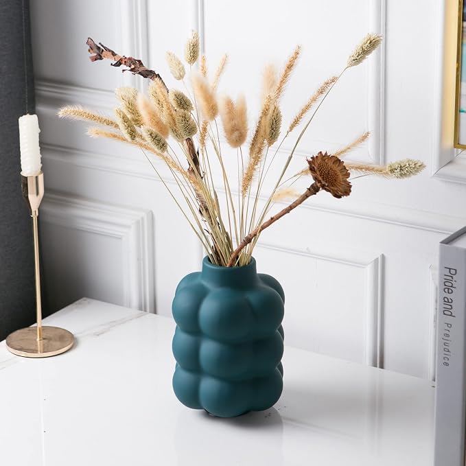 Mowtanco Blue Ceramic Vase, Modern Small Vase for Centerpiece 6.7" Tall | Boho tabletop decor accent vase for dried flowers, centerpiece for living room bedroom shelf, minimalist home decor gift