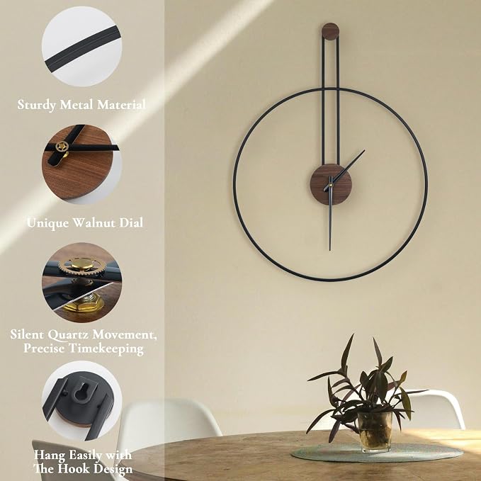 DRELIFAM Modern Wall Clock Large Wall Clocks with Walnut Dial Silent Non-Ticking for Living Room Home Decor Bedroom Kitchen Office