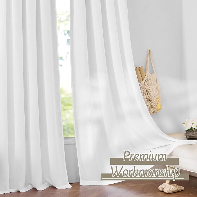 RYB HOME Linen Sheer Curtains 2 Panels for Living Room, Semi Transparent Privacy Drapes with Rod Pocket Farmhouse Style Window Treatments for Bedroom, White, 38" W x 63" L