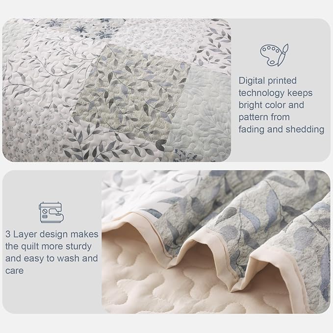 Exclusivo Mezcla Reversible Boho Quilts Full Size Gray | Lightweight Soft Bedspreads, All Season Patchwork Coverlet Bedding Set, Printed Floral Pattern, 1 Quilt and 2 Pillow Shams