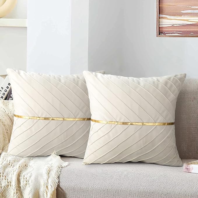 Velvet Throw Pillow Covers 18x18 inch Pack of 2 Gold Decor Beige