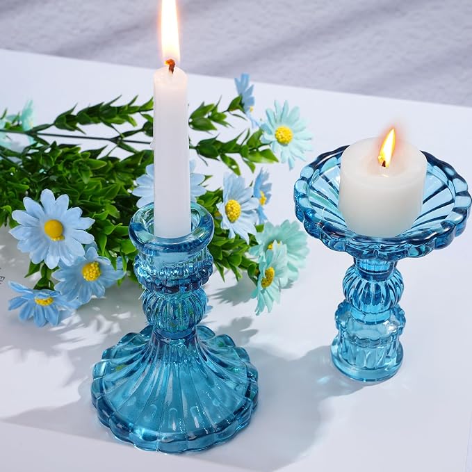 24 Pcs Glass Candle Holder Set 12 Candlestick White Candles,Blue | Clear Glass Holders with Taper Candles for Wedding Party Dinner Table Centerpiece, Elegant Classic Design Event Decor