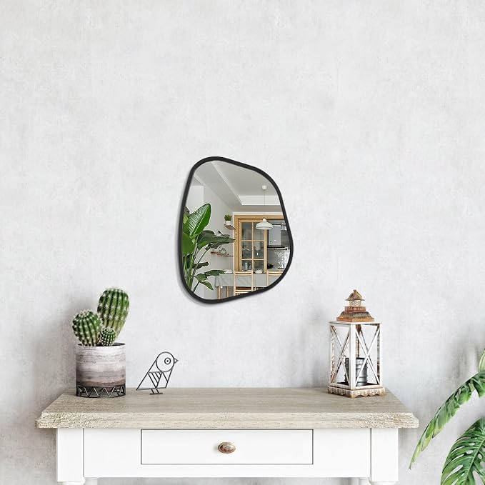 Asymmetrical Mirror for Wall Irregular Oval Wood Frame Modern Unique Accent Wall Mirror Decorative Vanity Bathroom Living Room Bedroom Entryway Hallway Artistic Wavy Mirror Small 14"x10"