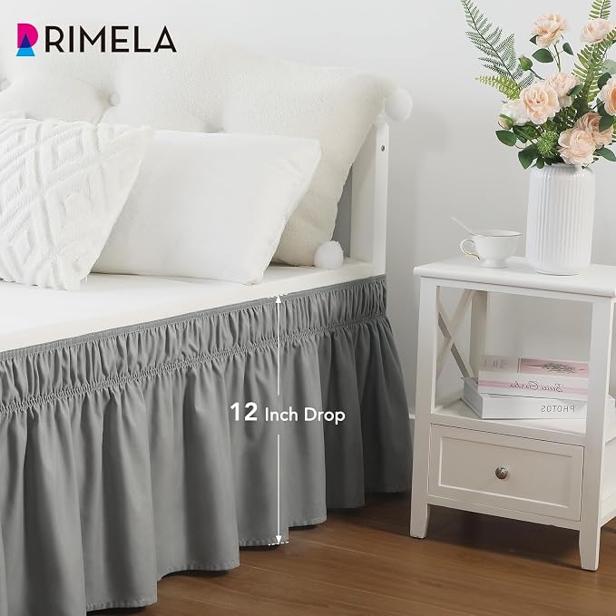 Grey Bed Skirt King Size 12 Inch Drop, Elastic Wrap Around Bedskirt | Solid Ruffled, Easy to Use, No Mattress Lifting, Wrinkle & Fade Resistant, with Adhesive Strips, Machine Wash/Dry/Iron