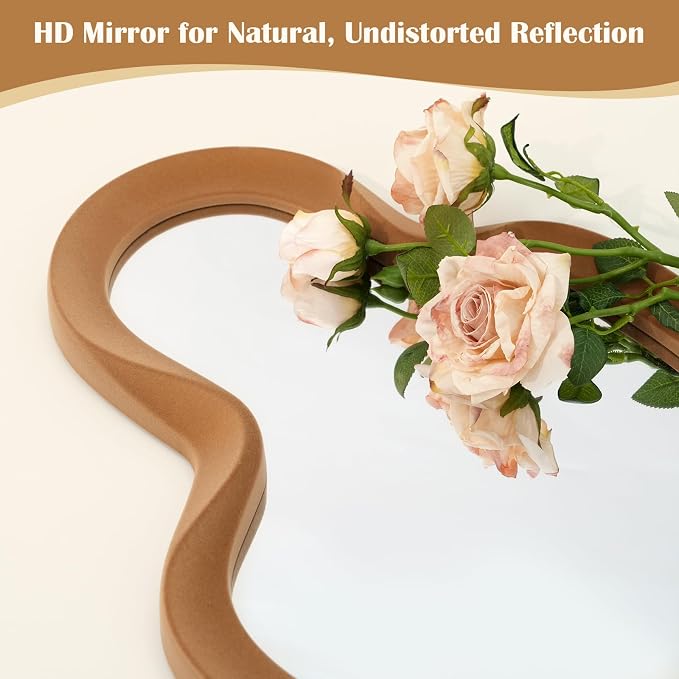 Boho Wavy Mirror Wall Decor for Girly Bedroom Dorm,Brown,13.8x29.9 | Soft Flocking Touch,Cute Abstract Decorative Mirrors for Modern Apartment Nursery Room Decoration,Large Hanging Wall Art