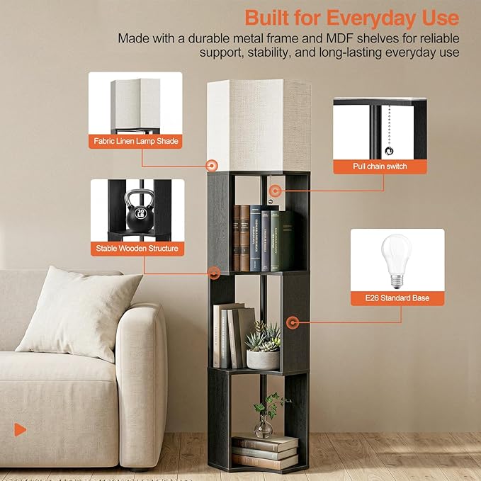 Floor Lamp with Shelves, Modern 3-Tier Wood Corner Storage Bookshelf Lamp for Living Room, 3 Color Temperatures LED Bulb Included, Tall Wooden Display Light, Black