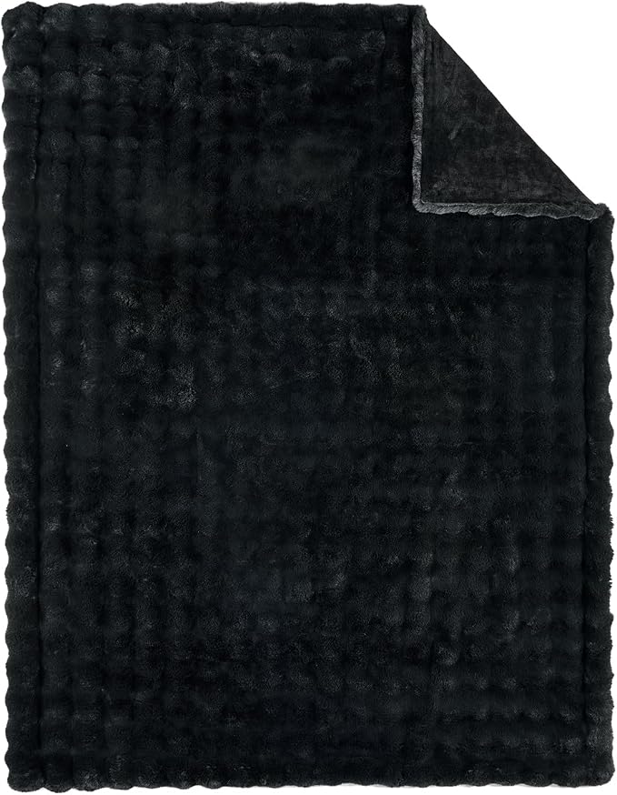 Lotus Karen Faux Fur Throw Blanket Black - Big Bubble Rabbit Fluff Blanket for Couch, Small Fluffy Fuzzy Cozy Blanket, Thick Furry Plush Shaggy Blankets, 50x60 Inches