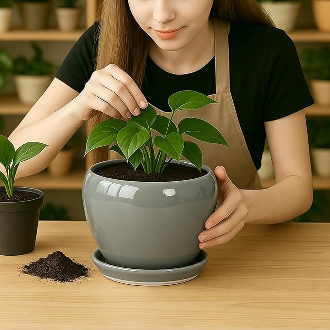 Deep Dream 8 Inch Plant Pots- Ceramic Pots for Plants with Drainage Hole and Saucer, Large Planter Pot for Indoor Plants Outdoor Decor, Grey