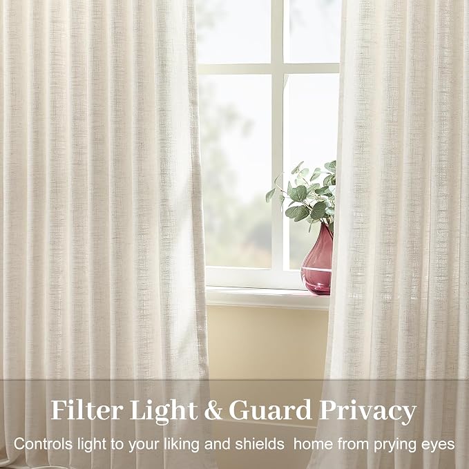 Extra Wide Pinch Pleated Curtains Linen Sheer Drapes Light Filtering | Living Room, Burlap Textured Semi Sheer, Pinch Pleat, Linen Blend, Hook Rings, Sliding Glass Door, Natural, 1 Panel, W70xL90