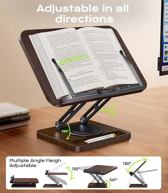 LOXP Ergonomic Book Stand for Reading, 360° Rotating Holder with Page Clip | Adjustable height angle, Storage Base, Hands-free, anti-slip, Fits tablets cookbooks magazines laptops, wood and metal