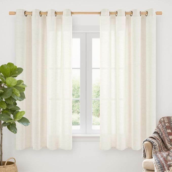 YoungsTex Ivory Linen Semi Sheer Curtains 52X68 Inch Length 2 Panels | Light Filtering Drapes with Bronze Grommet Privacy for Bedroom Living Room Window Decorative