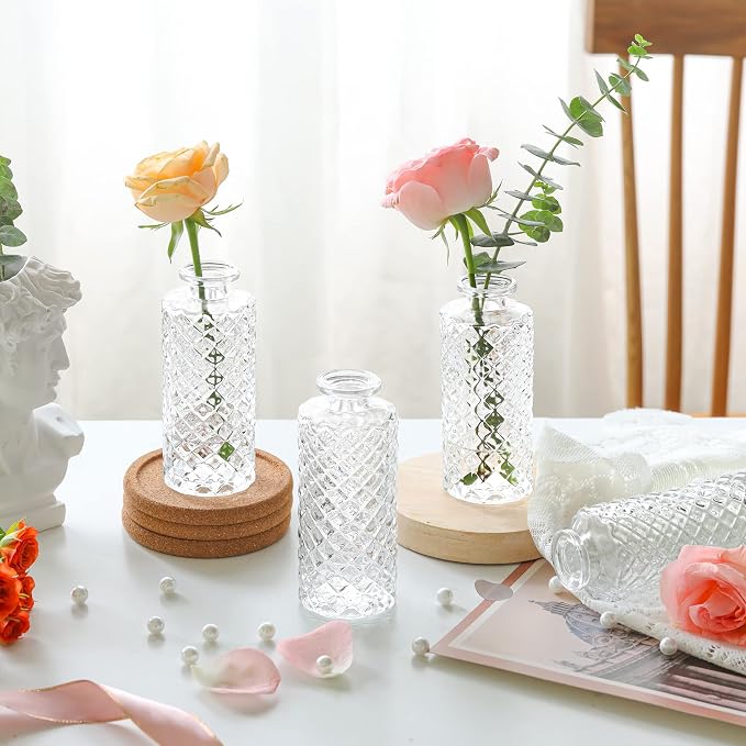 ComSaf Small Glass Bud Vases in Bulk, 6 Pack for Centerpieces, Clear | Diamond Embossed Design, Mini Flower Display, Vintage Decor, Home Accent, Table Decor, Wedding Reception, Housewarming Gift