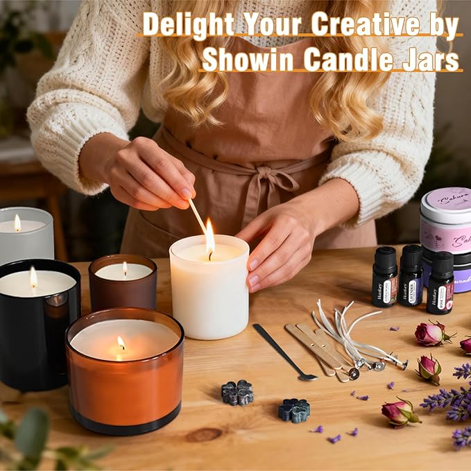 SHOWIN 14 OZ Thick Candle Jars for Making Candles 12 Pcs, 3 Wick Empty Jars with Wood Lids for Candle Making, Sample Container, Frosted Purple