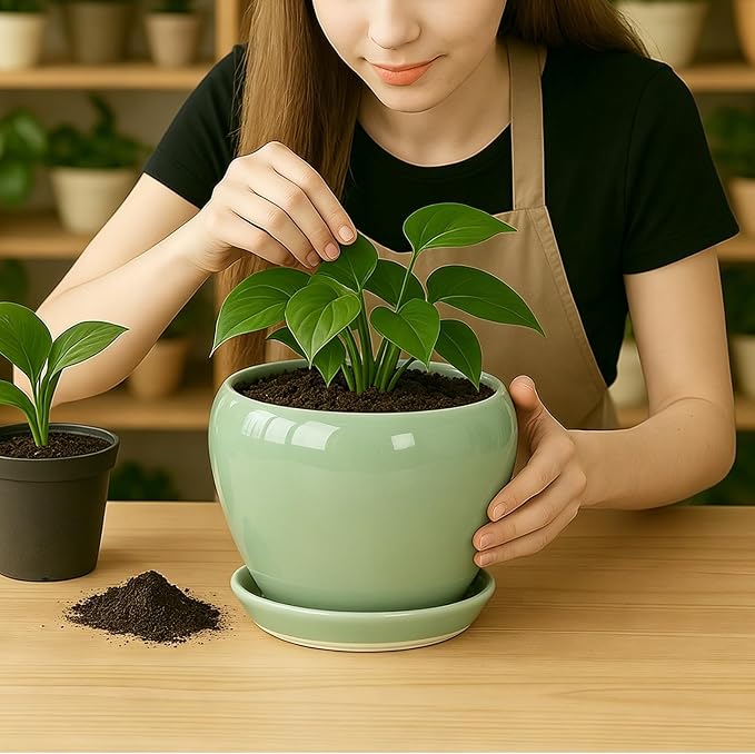 Deep Dream 8 Inch Plant Pots- Ceramic Pots for Plants with Drainage Hole and Saucer, Large Planter Pot for Indoor Plants Outdoor Decor, Mint Green