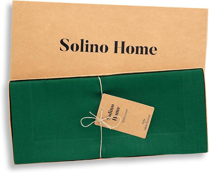 Solino Home 100% Pure Linen Table Runner Christmas Green, Fete 14 x 48 in | styles dining tables for meals and celebrations, European flax fibres, made for years of use, soft, fine, OEKO-TEX Certified