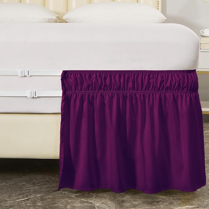 MEILA Wrap Around Elastic Bed Skirt for Queen & King Beds, 24" Drop,Purple | Three-Side Adjustable Elastic Dust Ruffle, Ruffled Polyester Fabric, Easy to Install, Fade Resistant & Machine Washable