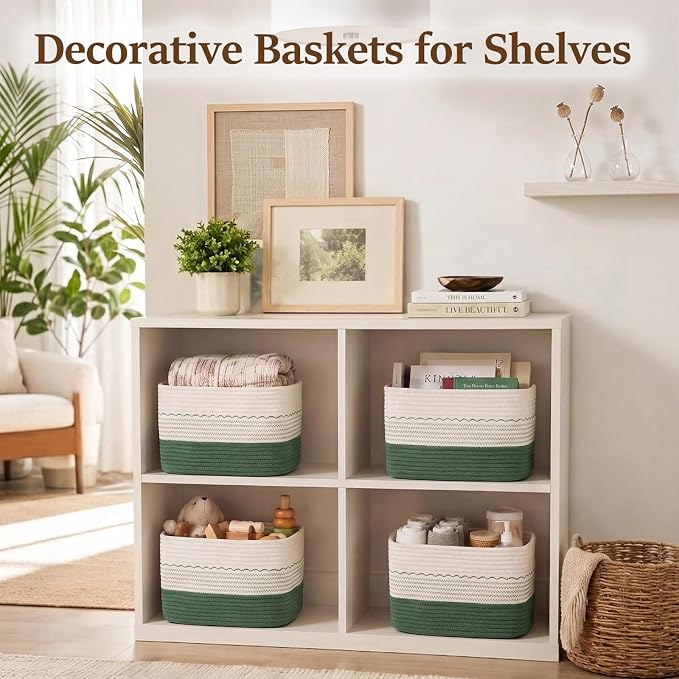 OIASKET 4 Pack Storage Baskets for Organizing, 13"X9"X7.87", Decorative Cotton Rope Baskets for Shelves, Small Woven Basket for Toys, Books and Towels, Green & White