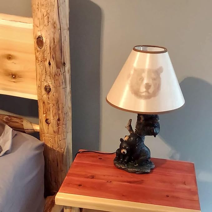 Zeckos Black Bear Family Table Lamp W/Tree Bark Print Shade Western Décor