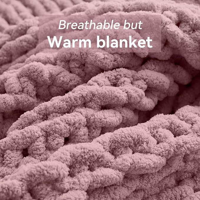 Negwoo Chunky Knit Throw Blanket, Knitted Throw Chenille Yarn, 80"*90" | Soft Thick Cable Knitted Blankets, Handmade Big Thick Blanket, Machine Washable Cute Comfy Blanket for Home Decor, Muted pink