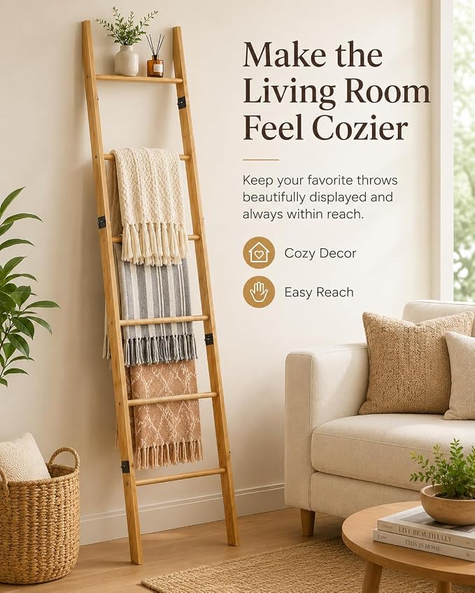 6 Tier Blanket Ladder with Shelf, Wooden Blanket Rack for Living Room, Leaning Towel Ladder Rack for Bedroom, Bathroom, Quilts, Throws, Towels and Farmhouse Décor