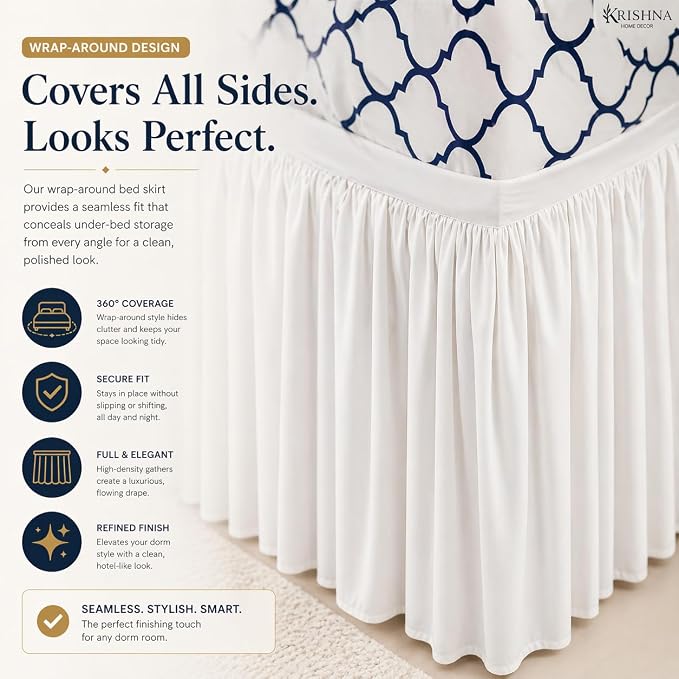 Krishna Dorm Bed Skirt, 100% Microfiber College Bed Skirt Ruffle with Split Corners, Twin XL 42 Inch Drop, White