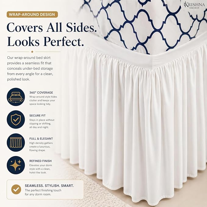 Krishna Dorm Bed Skirt, 100% Microfiber College Bed Skirt Ruffle with Split Corners, Twin XL 32 Inch Drop, White