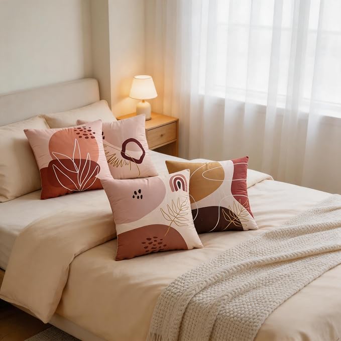 Boho Throw Pillow Covers 18x18 Set of 4 Terracotta Blush Minimalist Abstract Art Cushion Covers with Hidden Zipper, Soft Polyester Double Sided Print, Machine Washable, No Inserts