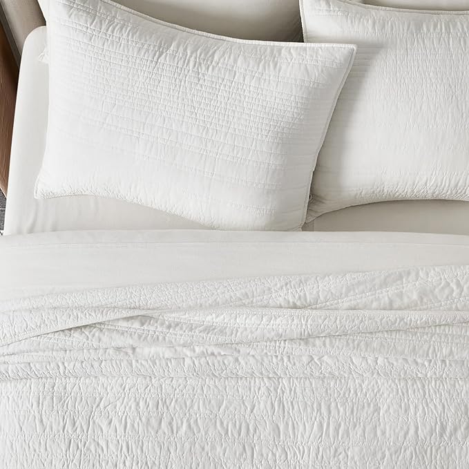 EVERGRACEHOME 100% Cotton Modern Lines Quilt Set Queen Size, Bright White | Pre-Washed Soft Cotton, Striped Coverlet Bedspread, 3 Piece Lightweight Bedding Set for All Season, with 2 Pillow Shams