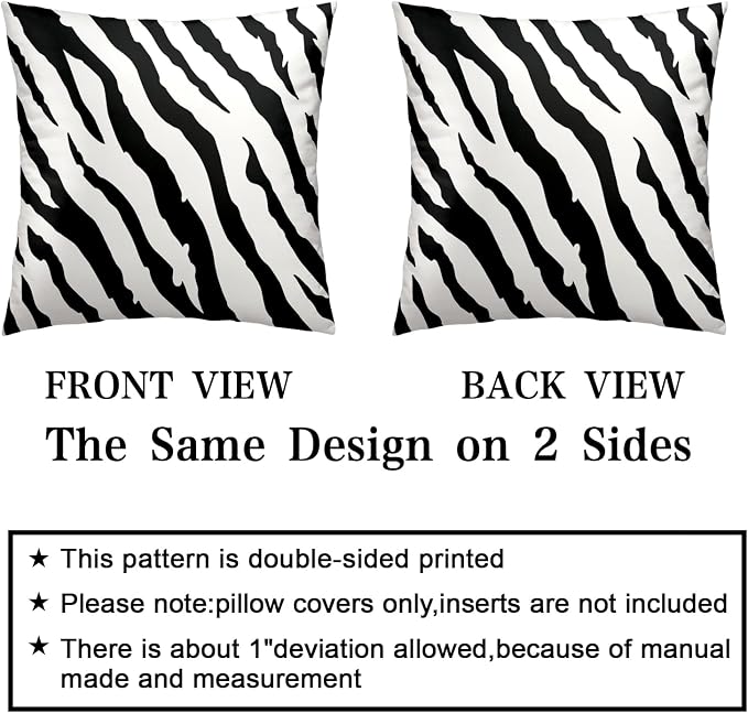 Zebra Stripes Pillowcase 20x20 Set of 2 Black and White Animal Print Stripe Throw Pillow Covers Square Cotton Blend Cushion Covers Home Decor for Sofa Bedroom