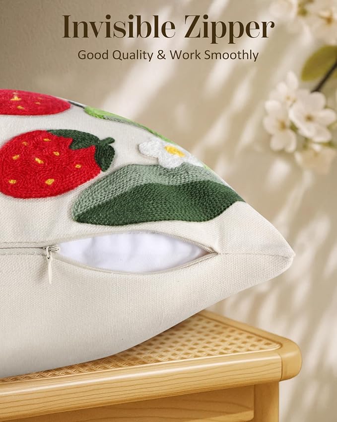 Embroidered Throw Pillow Cover - 20x20 Decorative Pillow Cover with Zipper Aesthetic Cute Design Boho Spring Summer Throw Pillowcase for Living Room Couch Sofa Bed, Leaf Strawberry