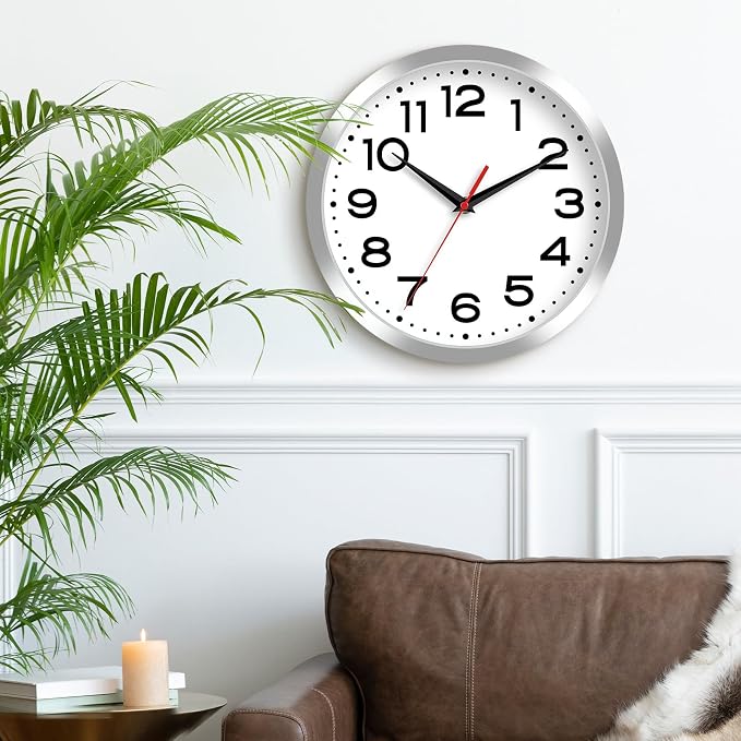 Roymnie 12 Inch Wall Clock, Battery Operated Silent Non Ticking Silver | analog wall clock; bold numerals for easy reading; silent non-ticking; 1 AA battery (not included); for classroom