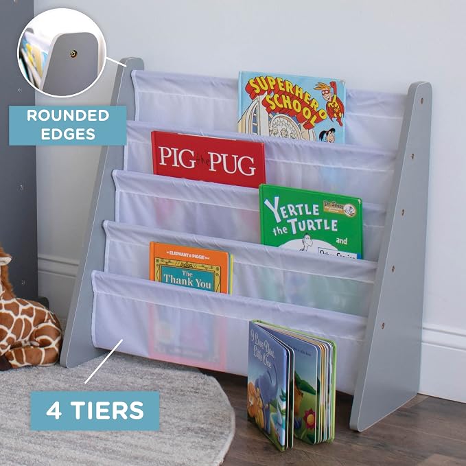 Humble Crew Kids Bookshelf, Montessori Front Facing Toddler Bookcase 4 Tier | Book display rack and reading nook organizer, nylon pockets show covers face out, compact for any playroom or bedroom space
