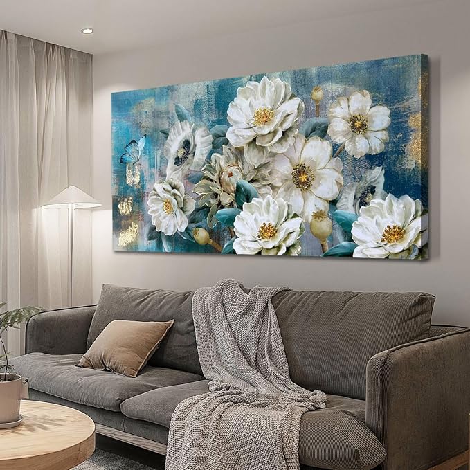 Arjun Flower Canvas Wall Art for Bedroom White Elegant Teal Picture, Textured Floral Magnolia Aesthetic Painting Living Room Wall Decor Turquoise Large Artwork Dining Room Home Office 40"x20"