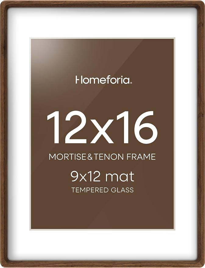 Homeforia 12x16 Mortise&Tenon Walnut Picture Frame, 9x12 Mat, Glass