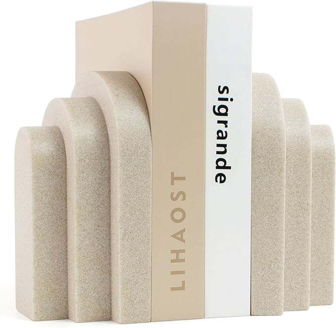 LIN CHUAN Heavy Duty Bookends for Shelves, Set of 2, Sandstone Beige | Book Ends for Heavy Books, Decorative Book Stopper with Faux Sandstone Finish, Layered Arch Design Bookshelf holder, 6.6 lbs