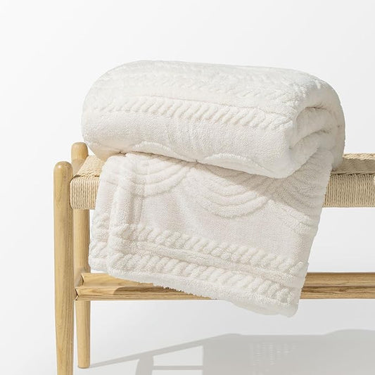 EverGrace Jacquard Reversible Sherpa Throw Blanket, 50" x 60", Ivory White | Jacquard Sherpa Throw Blanket, Super Soft, Cozy Plush Blanket, Reversible Thick Warm Throw for Bed, Sofa, Living Room