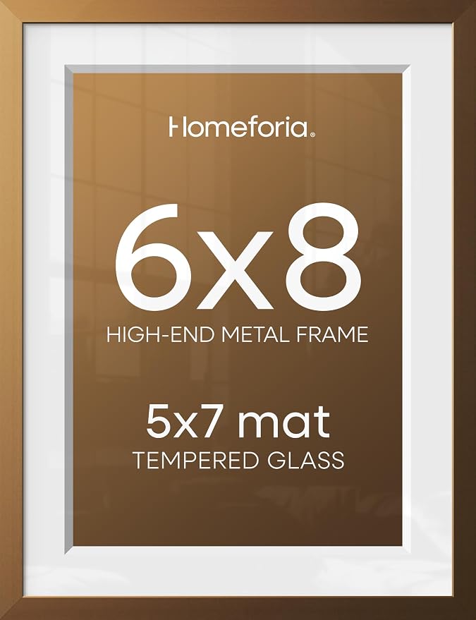 Homeforia 6x8 Bronze Picture Frame, High-End Metal, 5x7 Mat, Glass