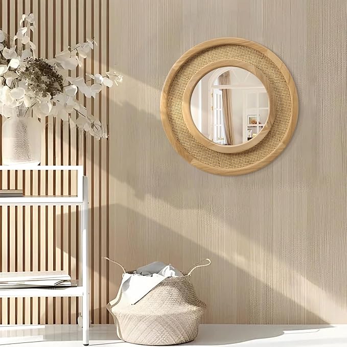 JJUUYOU Wooden Mirror Circle Mirrors for Wall 20 Inch Circular Hanging Mirrors with Wood Frame for Living Room Bathroom Vanity Entryway Hallway