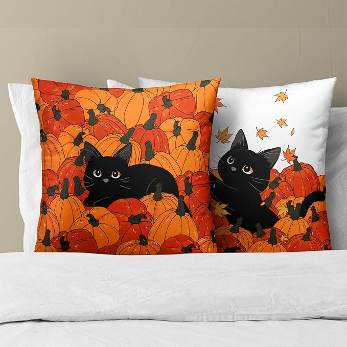 Fall Black Cat Throw Pillow Cover 20X20 Inch Set of 2 Autumn Pumpkins Maple Leaves Outdoor Pillow Cases Thanksgiving Harvest Farmhouse Square Cushion Cover for Sofa Porch Patio Home Decoration