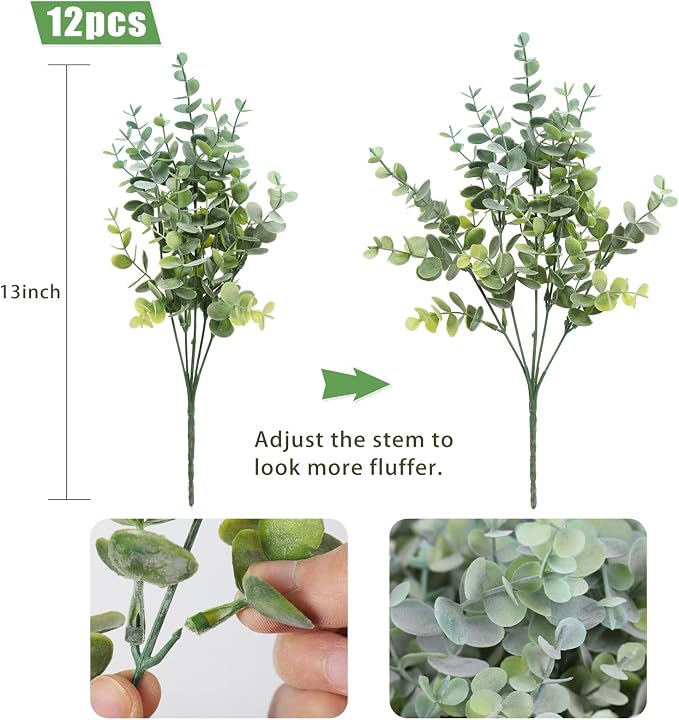 RECUTMS 12 Bundles Artificial Eucalyptus Plant Stems Branch 13In Dusty Blue | Plastic Boxwood Shrubs Greenery,No Maintenance,Long-term Reuse,Table Arrangement,Farmhouse Garden Vase Outdoor Planter Decor