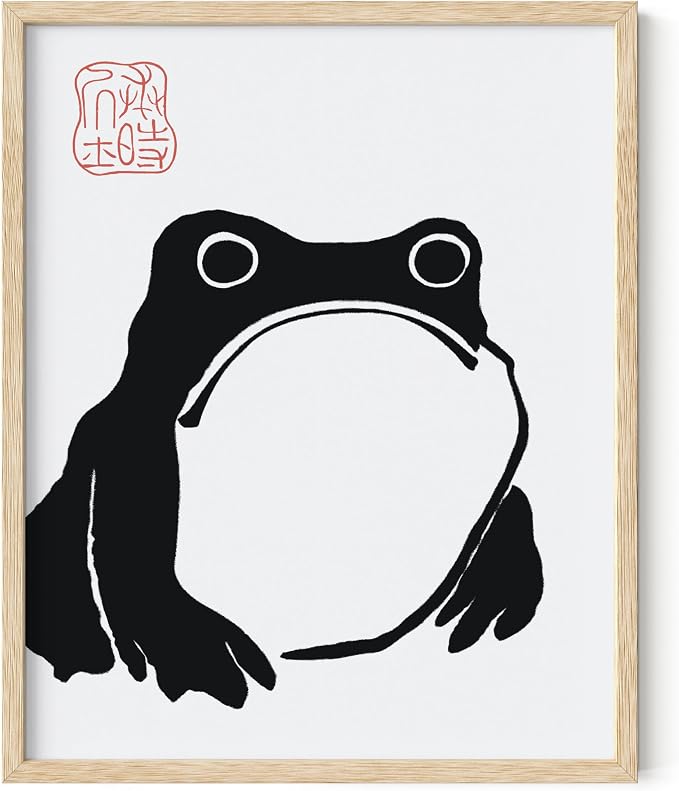 HAUS AND HUES Japanese Wall Art - Matsumoto Hoji Frog Framed Print, Wabi Sabi Decor, Japandi Frog Poster for Bedroom, Japanese Art 16x20 Beige Frame