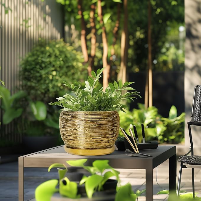 SQOWL Ceramic Planter for Indoor Plants - 10 Inch Plant Pot with Drainage Hole and Saucer, Modern Round Planter Outdoor, Large Decorative Flower Pot, Apartment Decor, Birthday Gifts, Gold