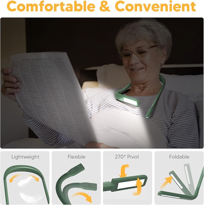 Neck Reading Light, 80-hr Lasting Rechargeable Book Light Wide Lamp