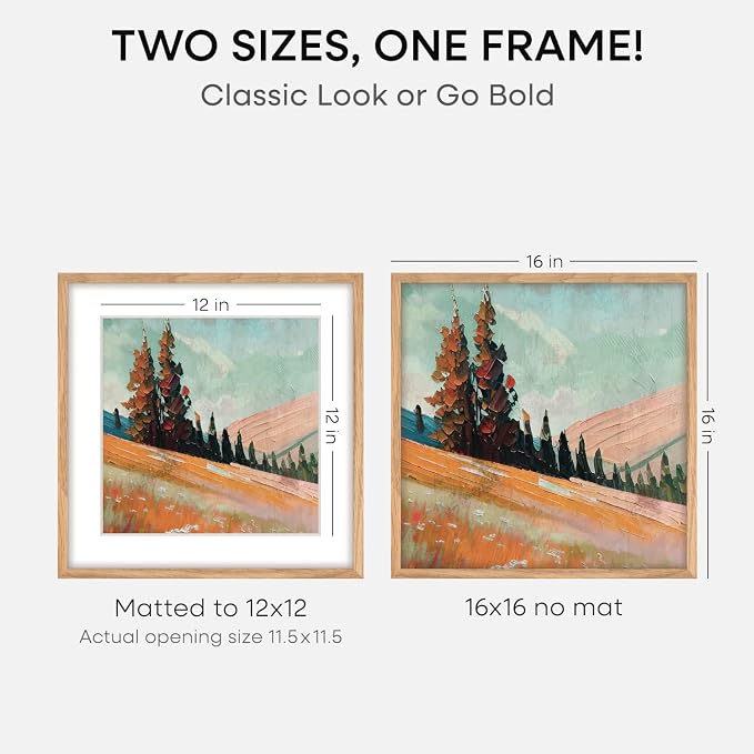 Homeforia 16x16 Natural Oak Picture Frame, High-End Wood, 12x12 Mat, Glass