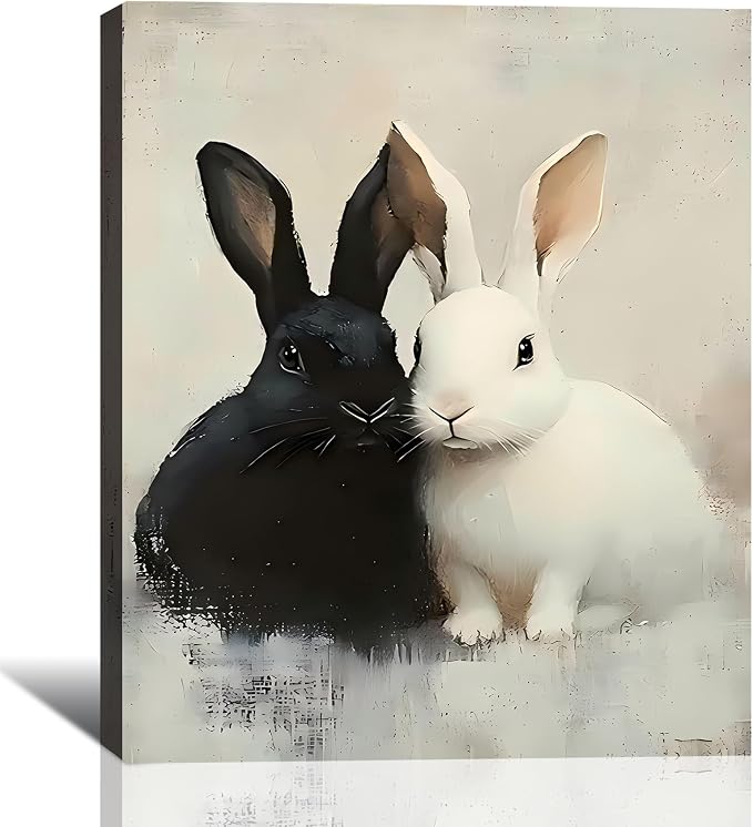 Black and White Easter Bunny Framed Canvas Art, Minimal Spring Easter Prints Pictures Wall Decor for Office, Rabbit Wall Art & Workspace Holiday Home Wall Decoration, 24x36 In