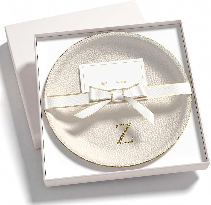 Initial Jewelry Dish for Women, Shatterproof Vegan Leather Ring Holder with Stainless Steel Core, Personalized Monogram Trinket Tray, Birthday Bridesmaid Gift with Box (Cream Letter Z)