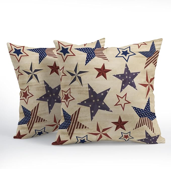 Kawani 4th of July Patriotic Pillow Covers 24x24 Inch Vintage Red Blue American Stars Independence Day Outdoor Throw Pillows Set of 2 Rustic Memorial Day Pillowcases for Couch